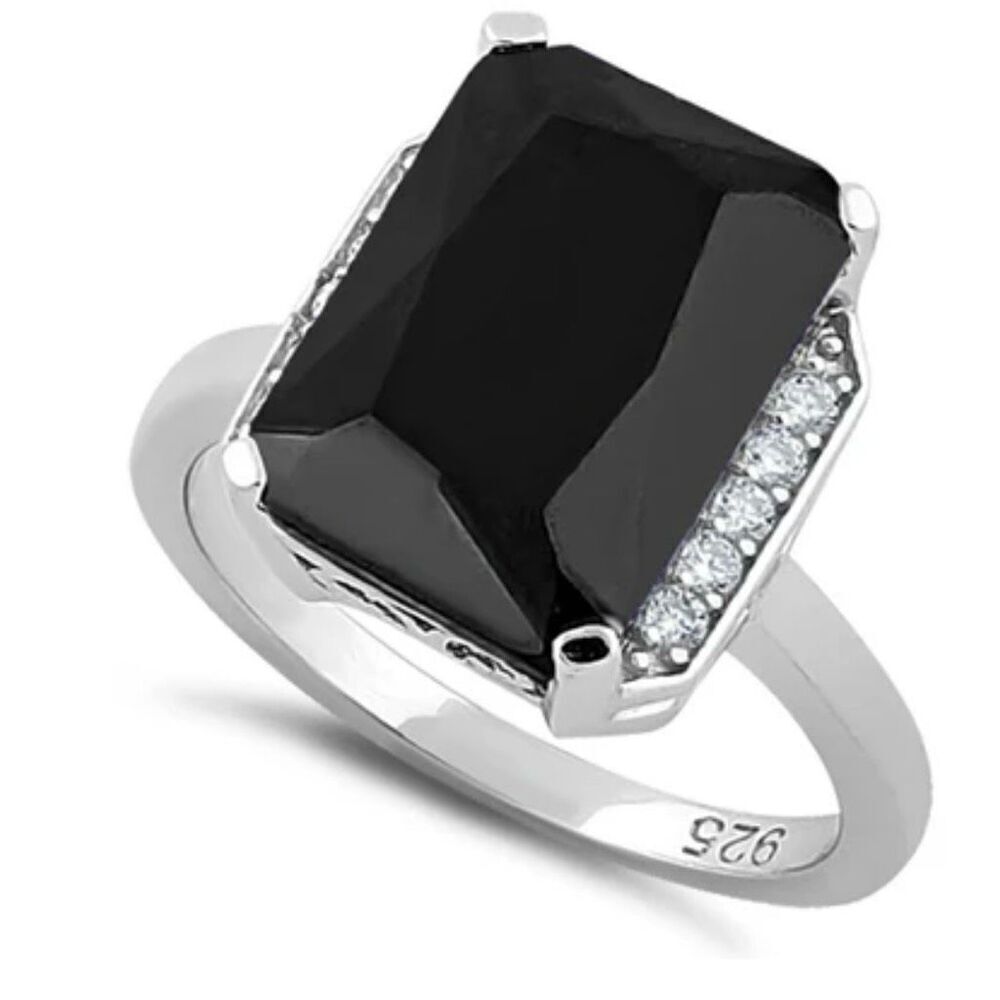 Sterling Silver Black Onyx Radiant Cut CZ Solitaire Ring New